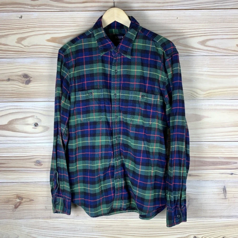 J. Crew Flannel Shirt Mens Large Green Plaid  Long Sleeve Cotton Button Up